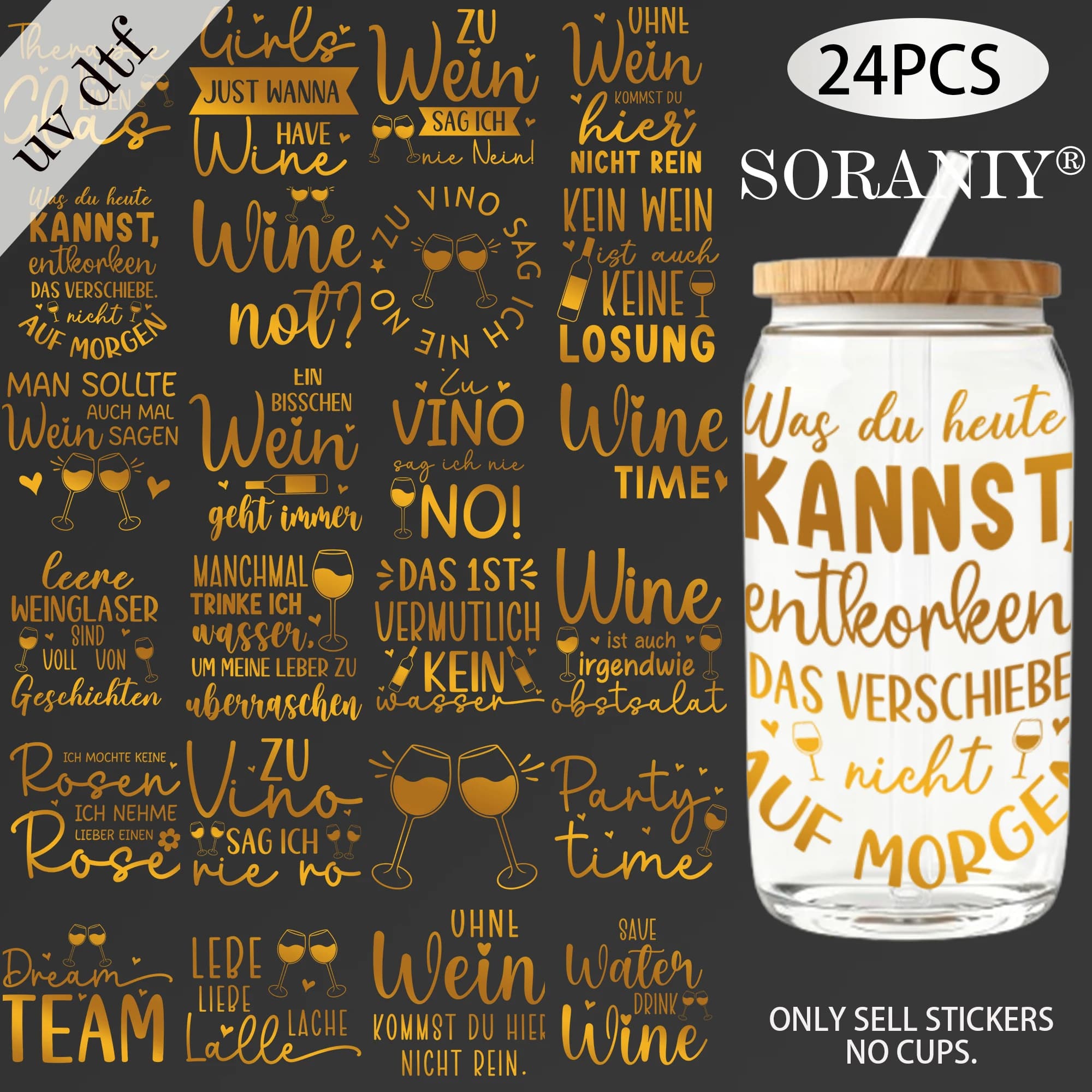 24PCS/Set Golden Text German Wine Quotes Themed UV DTF 16OZ DIY Transfer Paper Set Golden Text Used For 16oz Water Bottles Glass