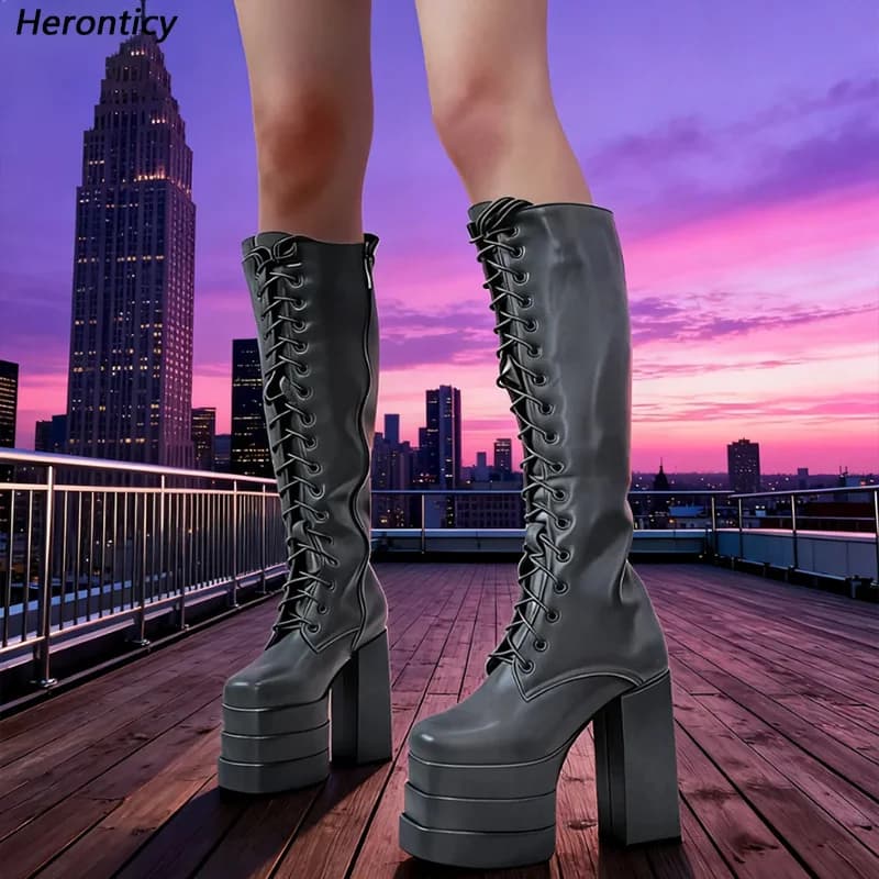 Heronticy Stivali con plateau in pelle turchese fatti a mano fatti a mano con tacco grosso e design con lacci - Moda donna al ginocchio taglia 5-14
