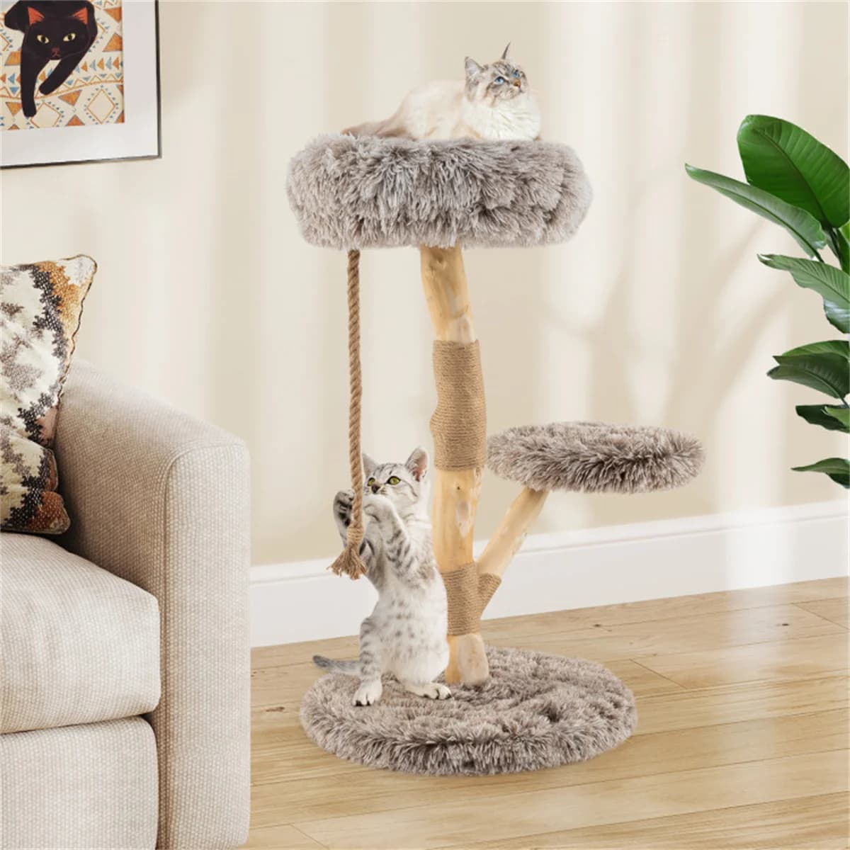 Albero per Gatti a 3 Livelli in Legno Naturale di Pero - 49,5x90 cm, Tiragraffi in Juta, Peluche Lungo