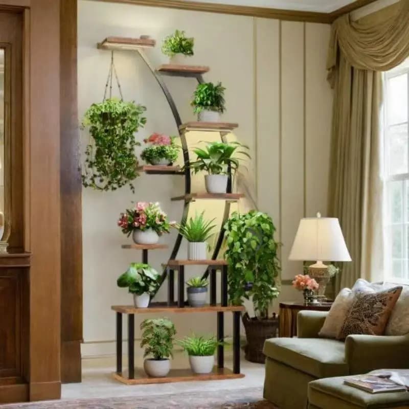 Supporto per piante con lampada, porta fioriere in ferro battuto per soggiorno e balcone, porta fioriere in ferro battuto da terra a soffitto