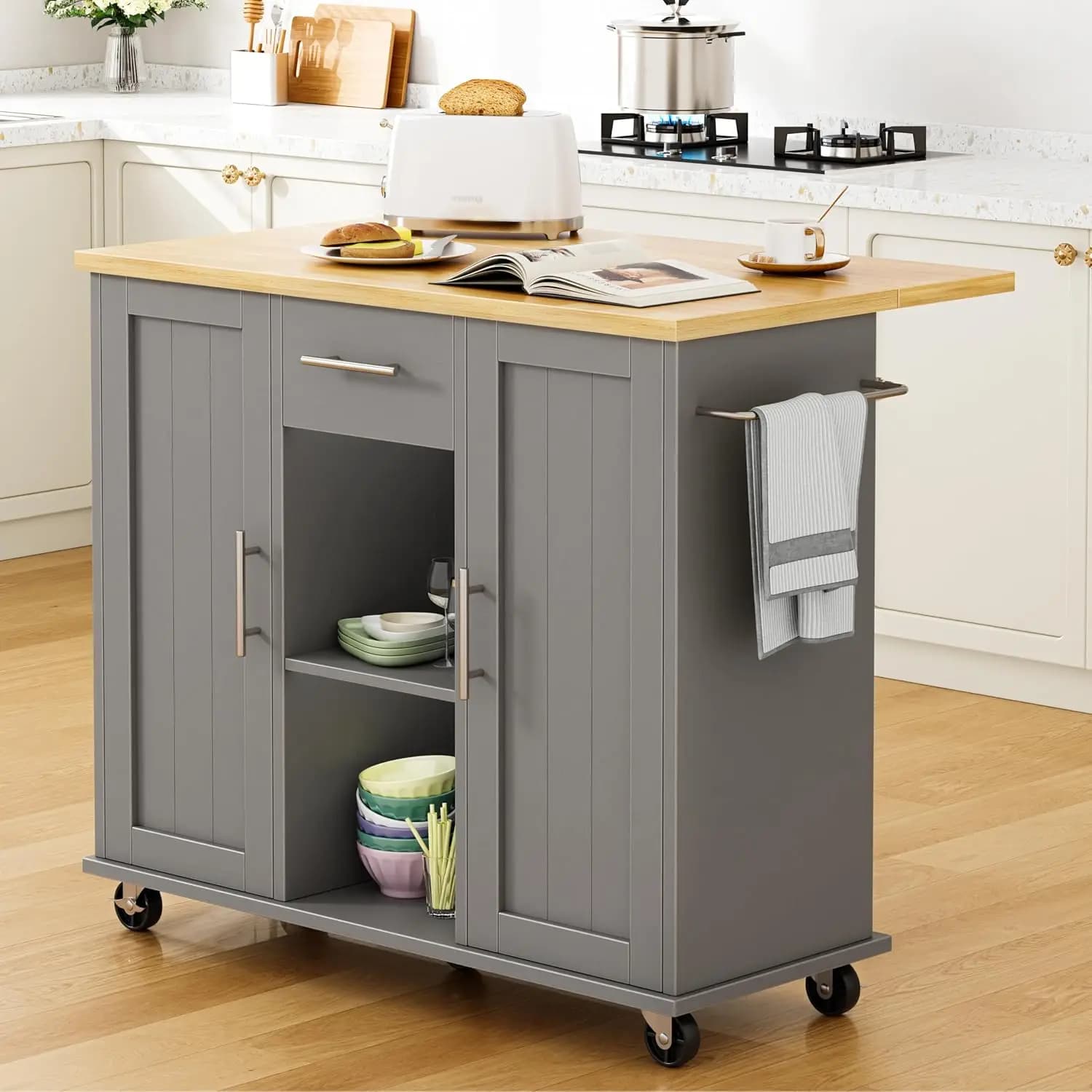 Kitchen Island With Storage Rolling Microwave Cart Cabinet Table On Wheels Drop Leaf Drawers Towel Rack Seating Area Breakfast Bar For Dining Room Gray
