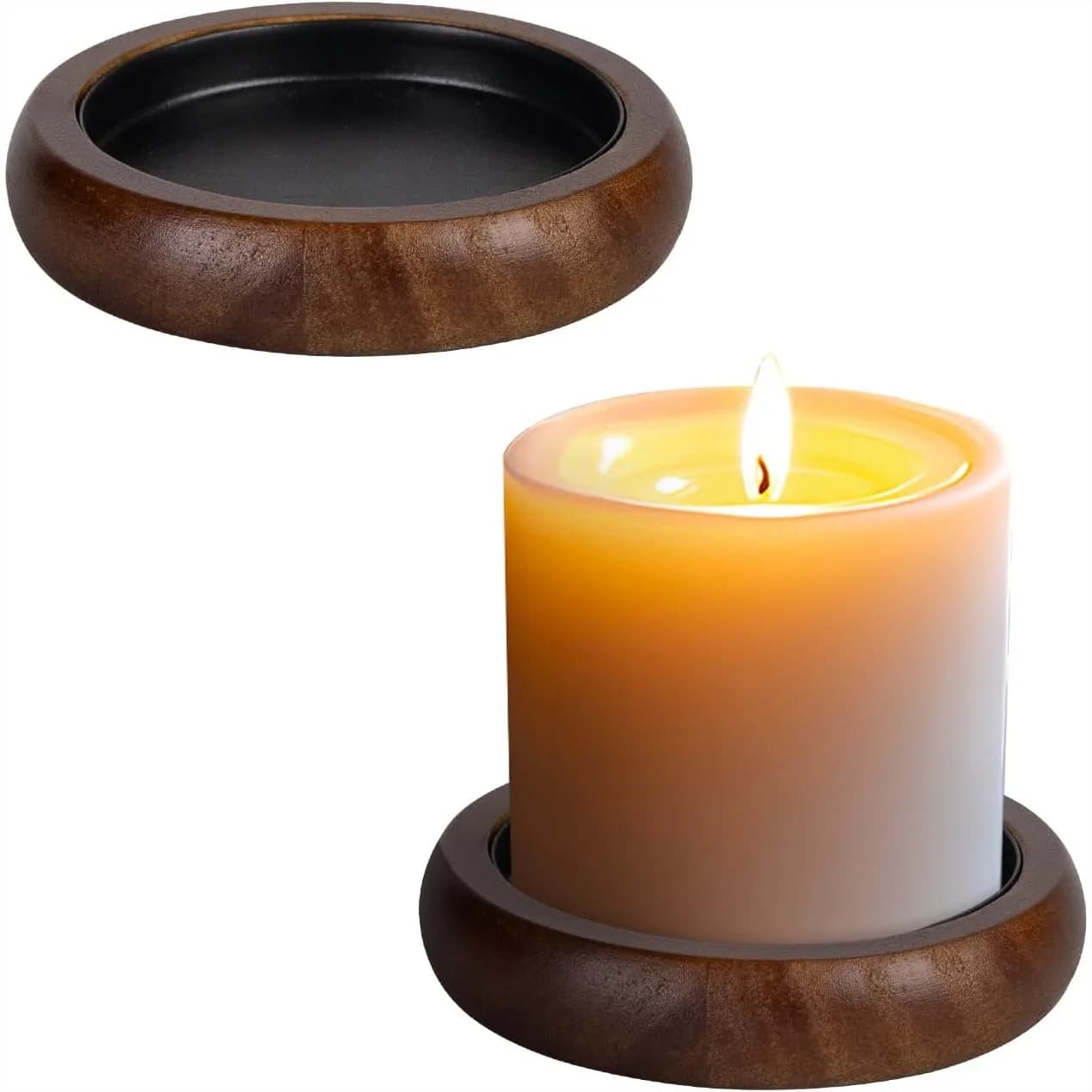 Set di 2 Portacandele in Legno per Candele a Colonna, Piatto Rustico Stile Fattoria per Centrotavola da Soggiorno, Marrone