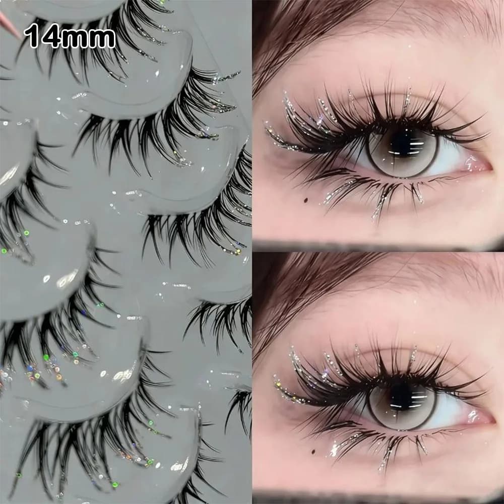 Ciglia Finte con Strass Colorati, Ciglia Finte a Striscia Incrociata Scintillanti, Ciglia Finte Voluminose con Texture Morbida e Curvatura a C