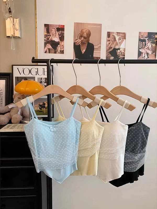 Top a Canotta Nero da Donna con Punti a Pois e Inserti in Rete, Stile Estivo Corto con Imbottitura sul Petto, Effetto Snellente, Stile Casual