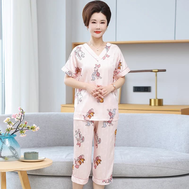 Big Size M-4XL Ladies Sexy Silk Satin Pajama Set Women Pyjama Short Sleeve Calf-Length Pants Pijama Set