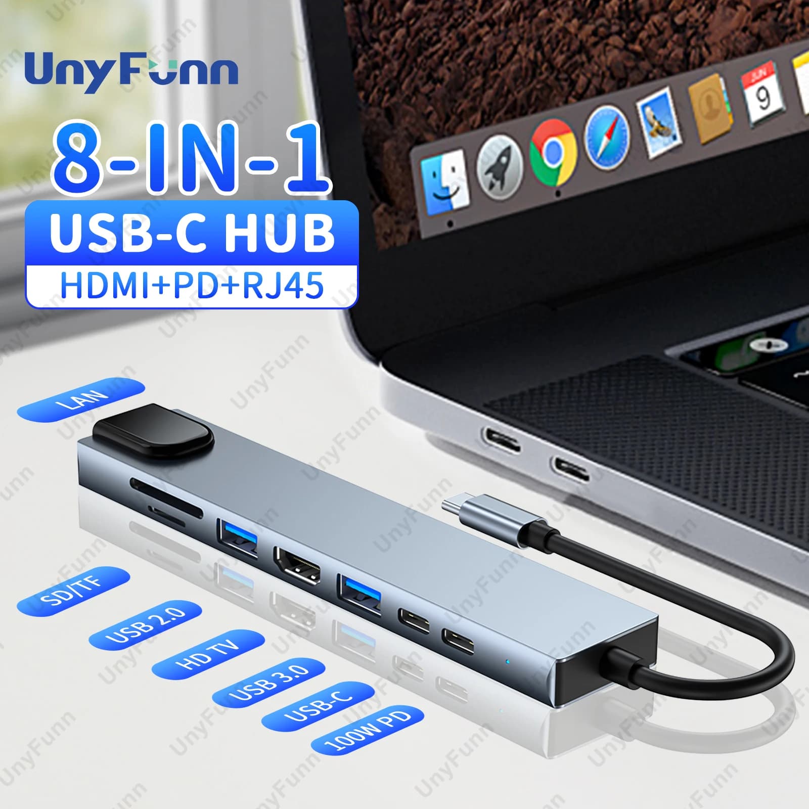 Docking station hub USB C 8in1 con 2 porte USB Adattatore per fotocamera per lettore di schede TF SD Ethernet a ricarica rapida HDTV per laptop iPad Mac