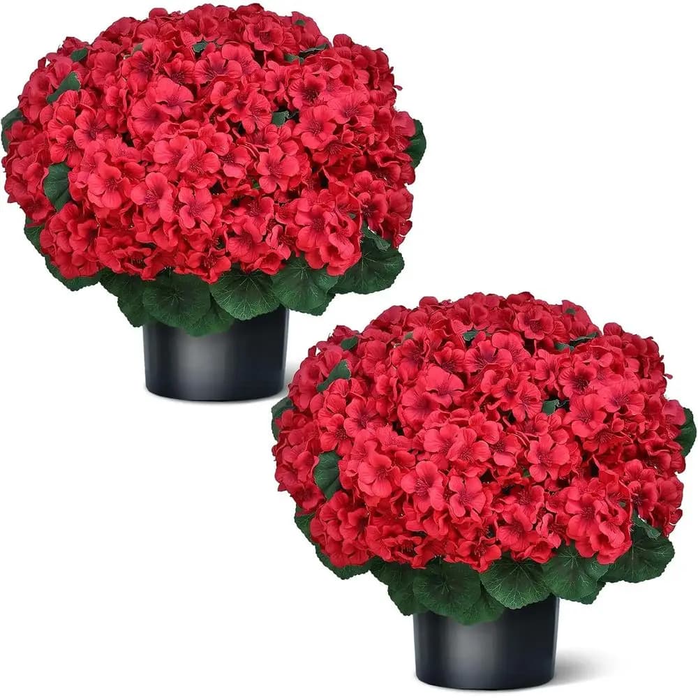 Set of 18 Artificial Red Geraniums - Plants in Vase UV Resistant for Interior and Exterior, Ideal for Veranda, Entrance and Garden Decoration