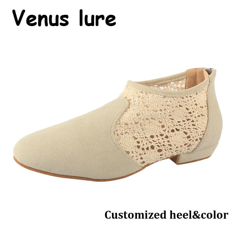 Venus attira stivali da ballo beige morbidi in pelle scamosciata con rete di pizzo salsa latina sala da ballo scarpe da ballo comode stivaletti per le donne