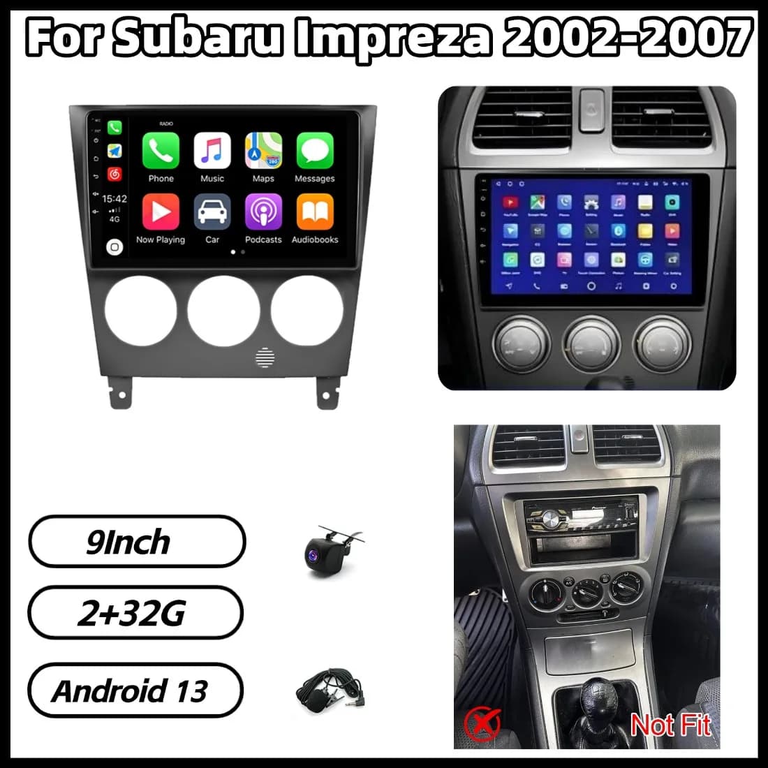 Android 13 9 inch 2+32G autoradio with GPS and Navigation for Subaru Impreza 2002-2007, compatible with Carplay and Android Auto, Bluetooth and accessories.