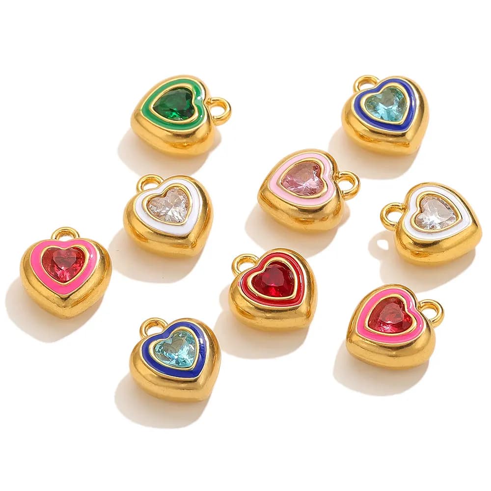 3 ciondoli a forma di cuore in smalto zircone in acciaio inossidabile per la creazione di gioielli, collane con ciondoli da donna, braccialetti, pendenti d'amore, forniture artigianali