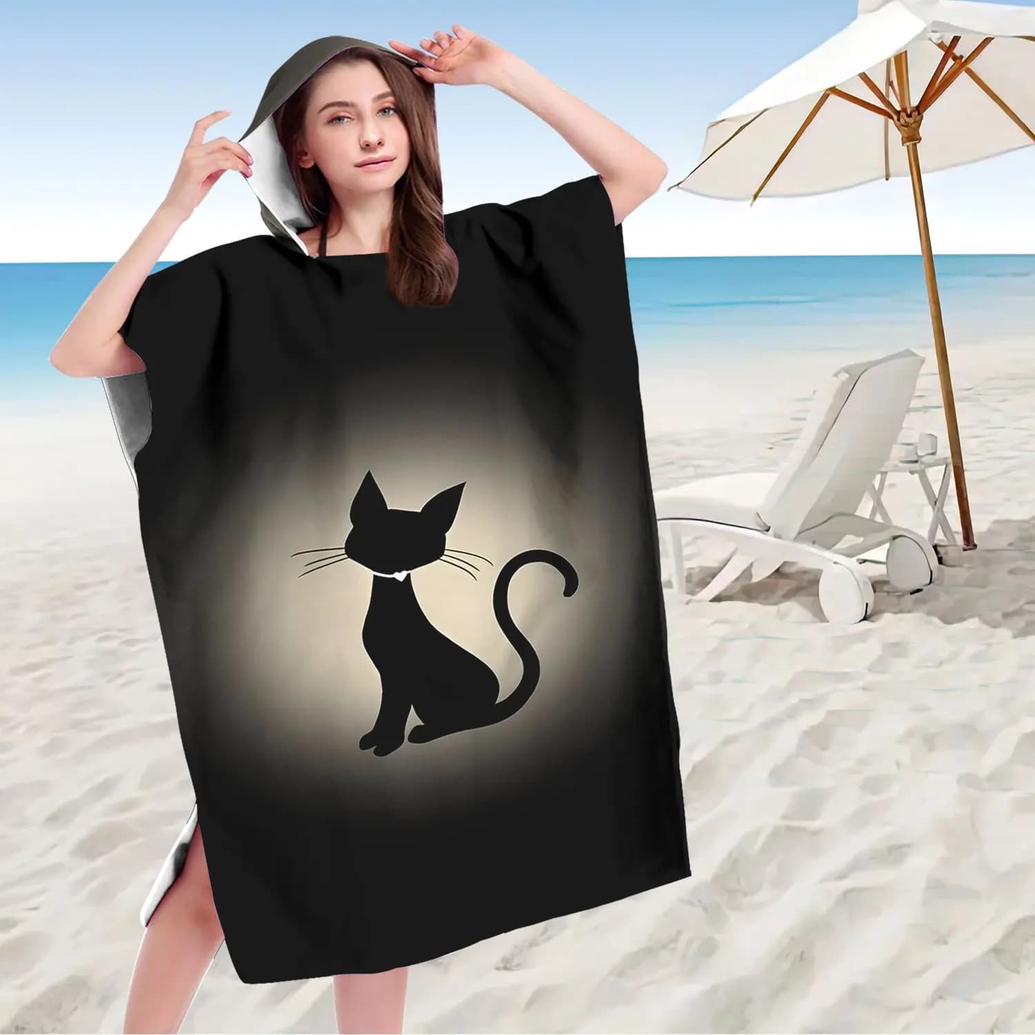 Accappatoio con Cappuccio a Stampa Gatto Nero Carino, Poncho da Spiaggia, Asciugamano per Cambiarsi, per Surf, Bagno, Viaggi, Asciugatura Rapida, in Microfibra