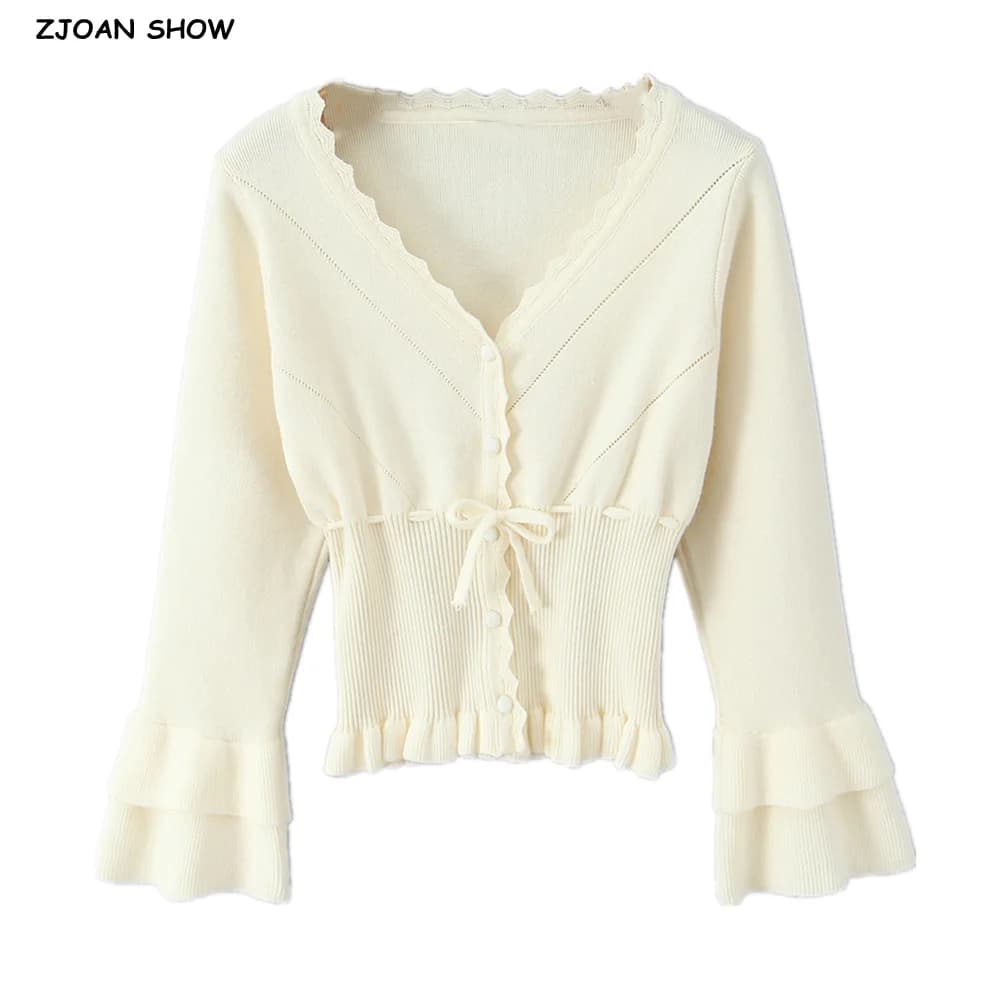 2025 CHIC Hole Button Through Crop Pointelle Knit Cardigan Maglione Donna Colletto a V Fiocco in vita Manica svasata Maglione Maglieria
