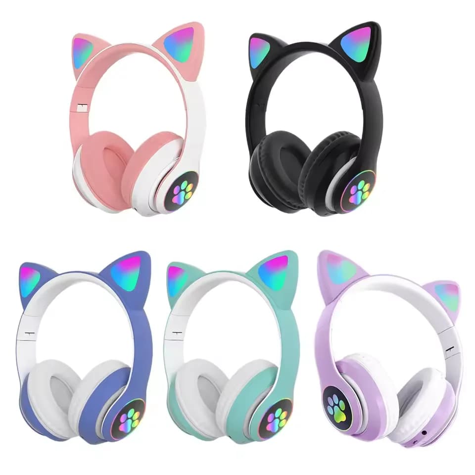 Flash Light Cute Cat Ears Wireless Headphone RGB LED Kid Girl Stereo Music Helmet Phone Headset Bluetooth PC Gamer Gift