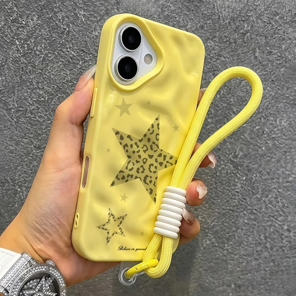 Wrist Strap Phone Case For iPhone 15 14 16 Plus 17 Air 17 12 13 15 16 11 Pro Max Macaron Lanyard Soft Leopard Print Star Cover