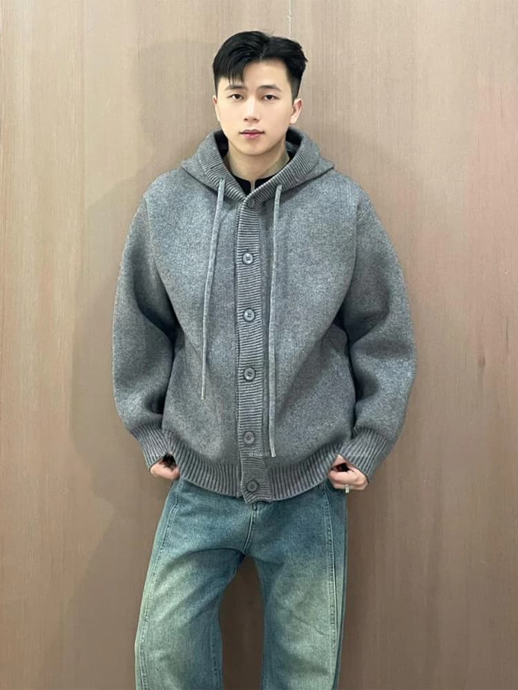 American Style Thickened Hoodie Sweater Men's Autumn Winter Open Cardigan Button Knitted Shirt Old Money Cool Sweatshirt Jacket