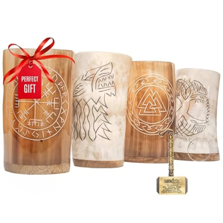Set di 4 bicchieri a forma di corno vichingo, set di boccali da birra, bicchierini da shot in corno di bue naturale da 10 oz, tumbler unico e originale, regalo di birra per uomini e donne
