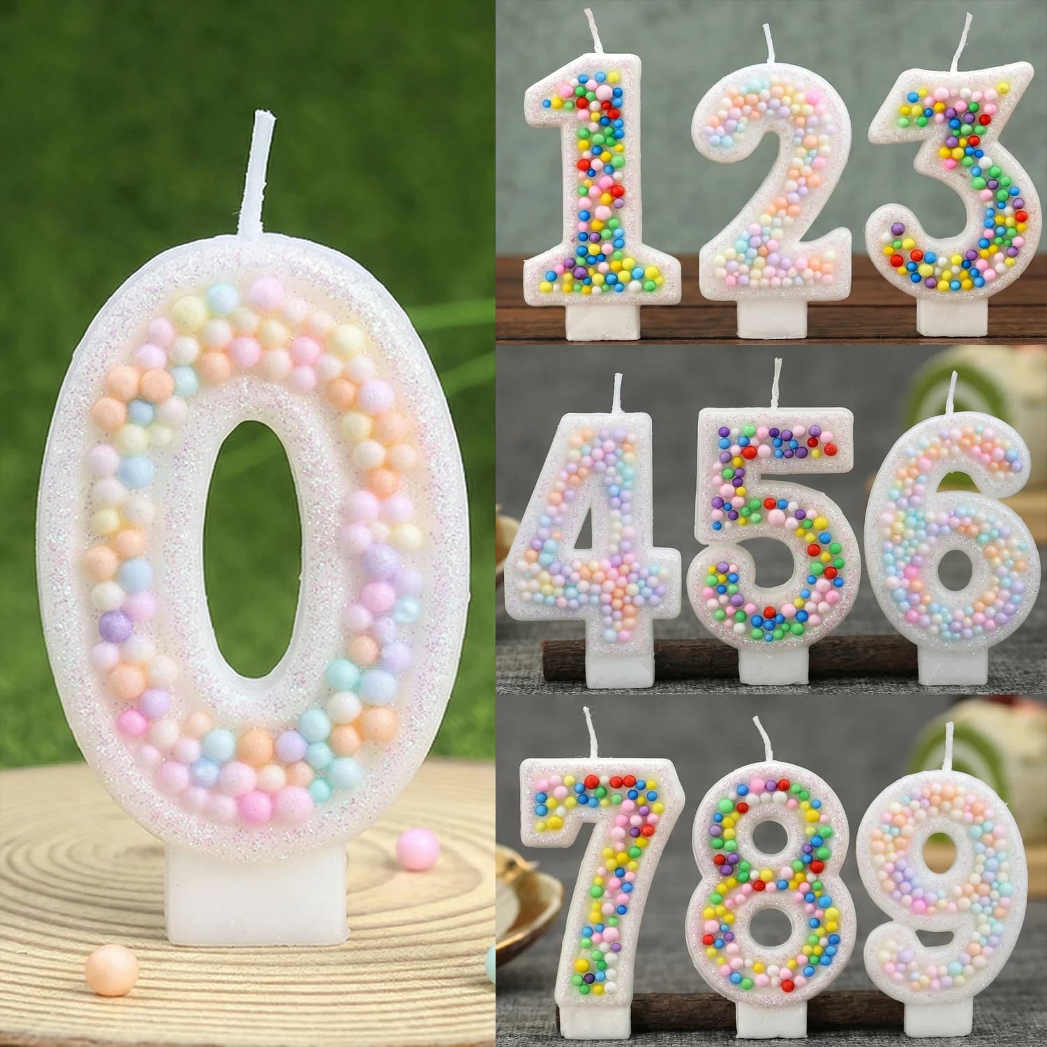 Rainbow Ball Number Birthday Candles 0-9 Glitter Pink Cake Topper Decoration for Birthday Shower Wedding Party Supplies