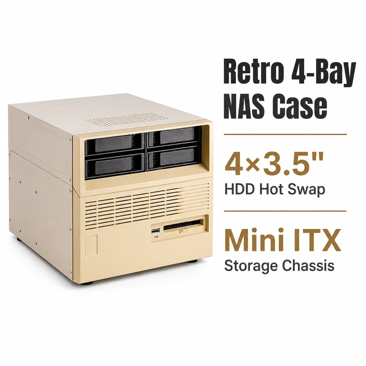 Retro 4 Bay NAS Case Mini ITX Storage Chassis 4x 3.5" HDD Hot Swap Desktop Server Case 2.5" SSD Bay for Home Cloud Storage