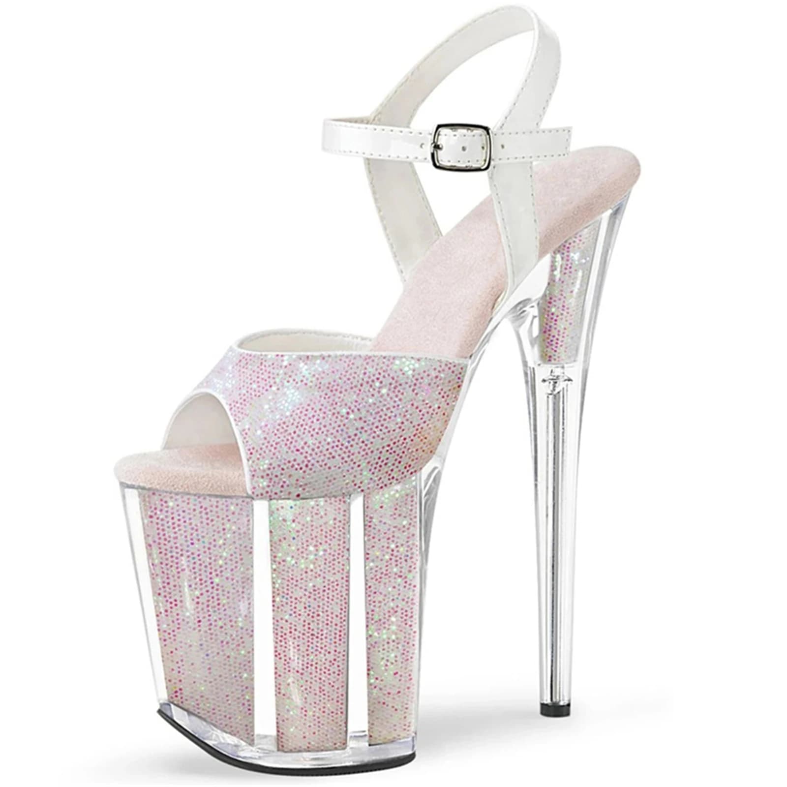 ​20CM Clear Platform Sandals White Pink, Glitter Peep Toe High Heels with Transparent Sole, Sparkly Stiletto Party Shoes​