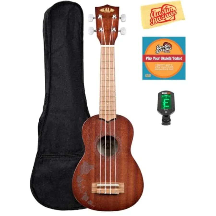 Ukulele for beginners, satin mahogany body, natural wood color, includes gig bag, tuner, instructional DVD, and polishing cloth