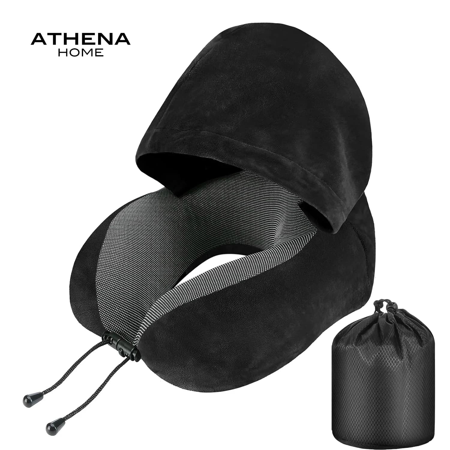 Cuscino da Viaggio ATHENA HOME in Velluto con Memory Foam e Cappuccio per Viaggi, Voli Lunghi, Aereo, Ufficio, Auto, Riposo e Sonno