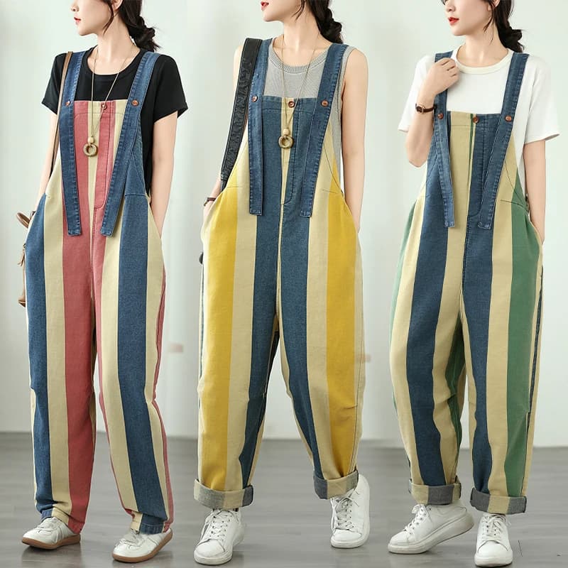 Summer 2026 Women's Loose Fit Denim Overalls with Large Pockets And Striped Color Block Design Wear Resistant Long Jeans