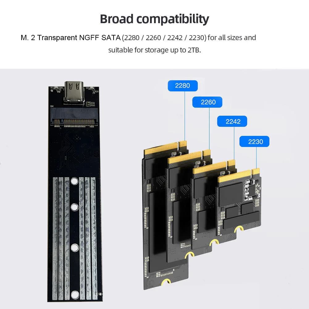 M.2 NGFF SATA Type C 3.1 Hard Disk Box 10Gbps Transparent External SSD Case External SSD Adapter for 2230 2242 2260 2280