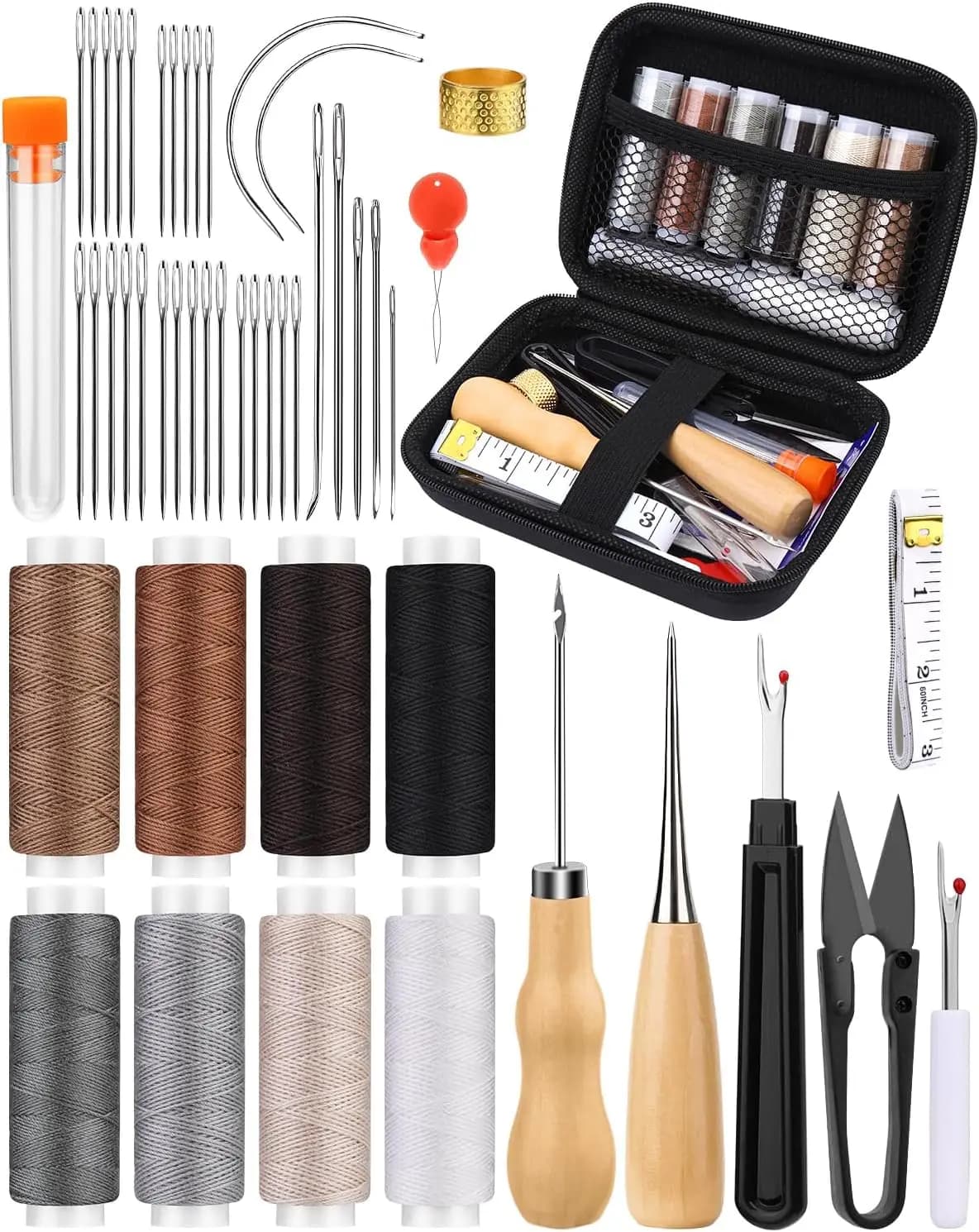 Kit da Cucito per Tappezzeria da 50 Pezzi con 8 Colori di Fili, Aghi e Punte per Riparazioni Fai-da-te di Auto, Divani e Scarpe