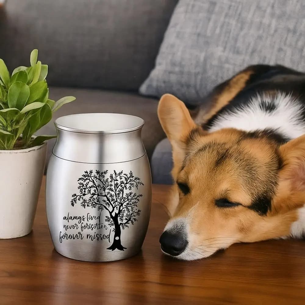 Contenitore per ceneri per animali domestici in lega di alluminio, modello di albero impermeabile, urna commemorativa per cani e gatti con coperchio, scatola sigillata per ceneri antipolvere