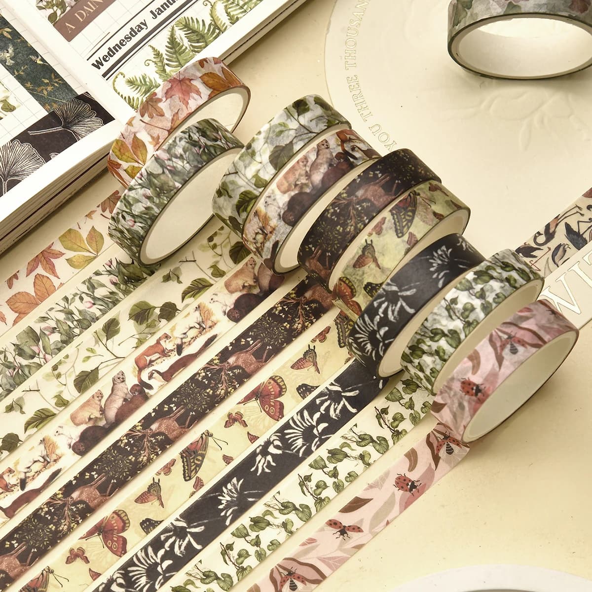 5 Rolls Retro Forest Washi Tape Set, 1cm×2m Aesthetic Floral Animal Decorative for Bullet Journal scrapbook Planner Supplies