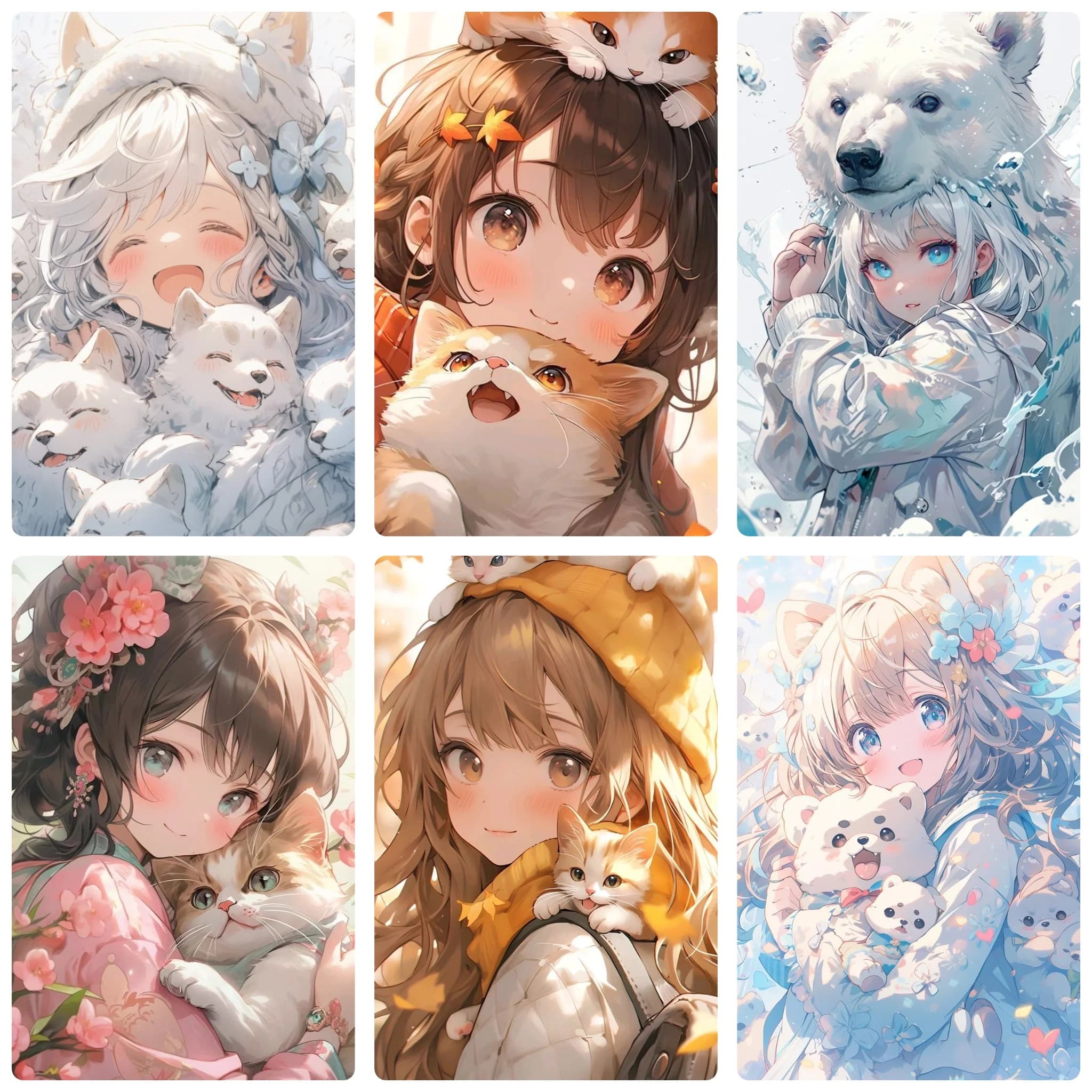 Sweet Anime Maiden With Cute Animals Diamond Painting, Soft Kawaii Fantasy Illustration, Warm‑Toned Wall Art Home Decor Gift