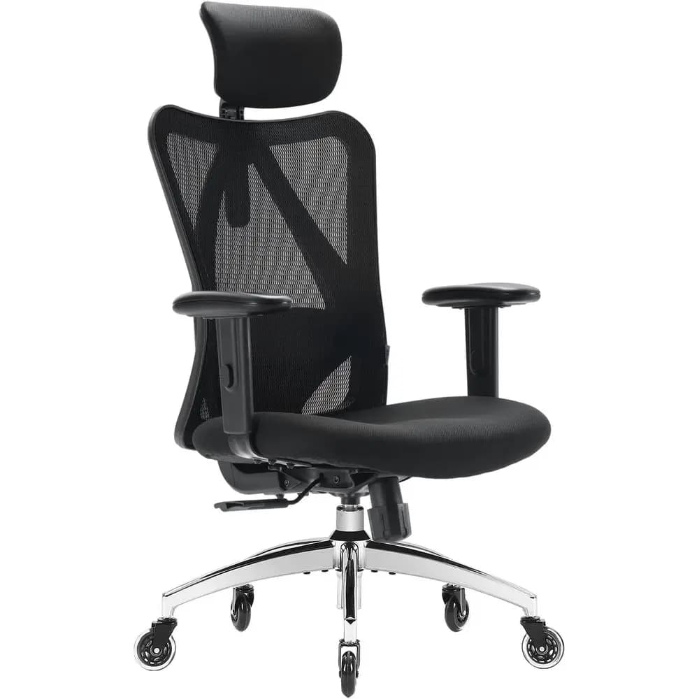 Sedia da ufficio ergonomica in rete con schienale alto, supporto lombare regolabile, cuscino spesso e braccioli in PU (Nero)