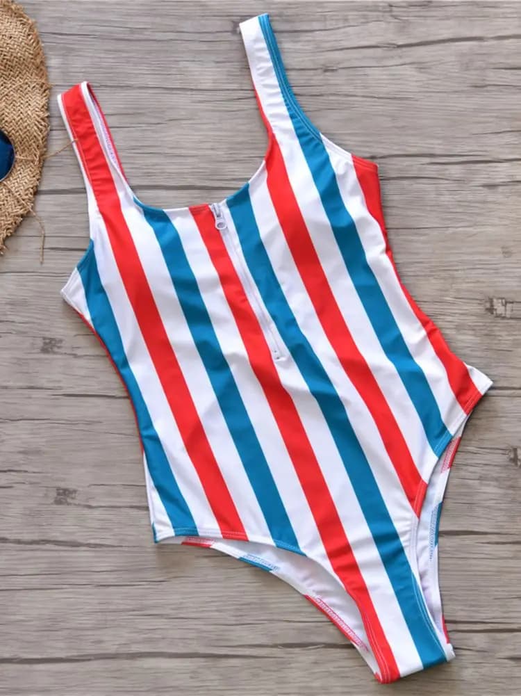 2019 nuovo costume da bagno a righe blu bianco rosso costume da bagno intero donna cerniera Monokini costume da bagno Sport body costume da bagno da spiaggia