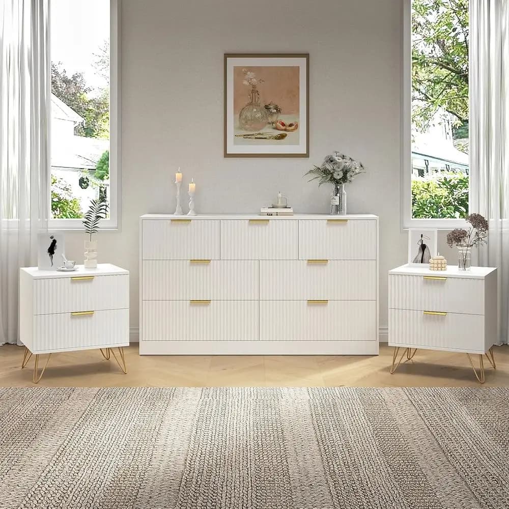 3-Piece Bedroom Set with 2-Drawer Nightstand and 55 Wide Dresser with Gold Handles, Wooden Chest and Storage Cabinet, White
