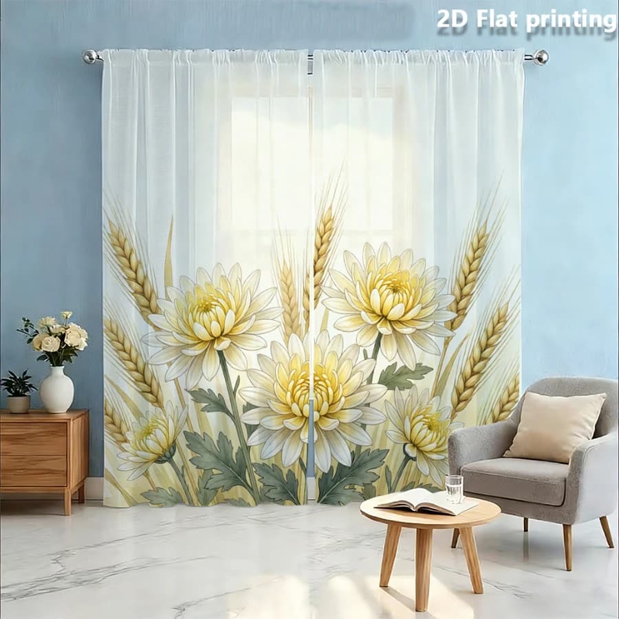 2PCS Digital Print Sheer Curtain, Wheat Ear Chrysanthemum, Boho Chic Window Curtains for Living Room Bedroom Home Decor