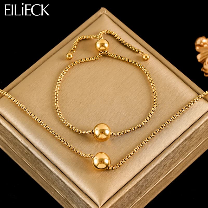 EILIECK 316L Stainless Steel Gold Color Bead Ball Necklace Bracelets Set For Women New Trendy Drawstrings Chain Jewelry Set