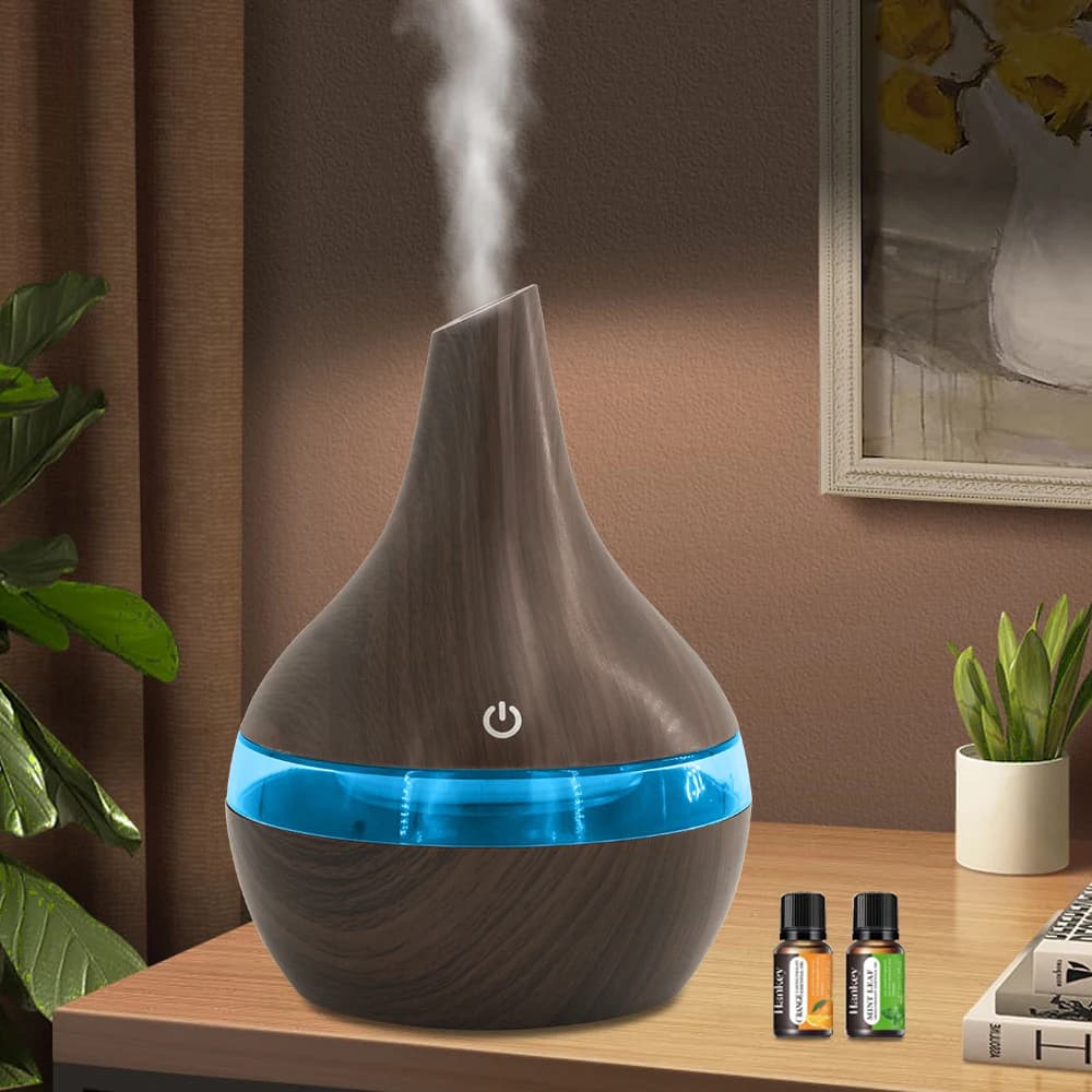 Diffusore e umidificatore di oli essenziali USB da 300 ml, design a venature del legno, silenzioso, spegnimento automatico, senza BPA (2 oli aromatici inclusi)
