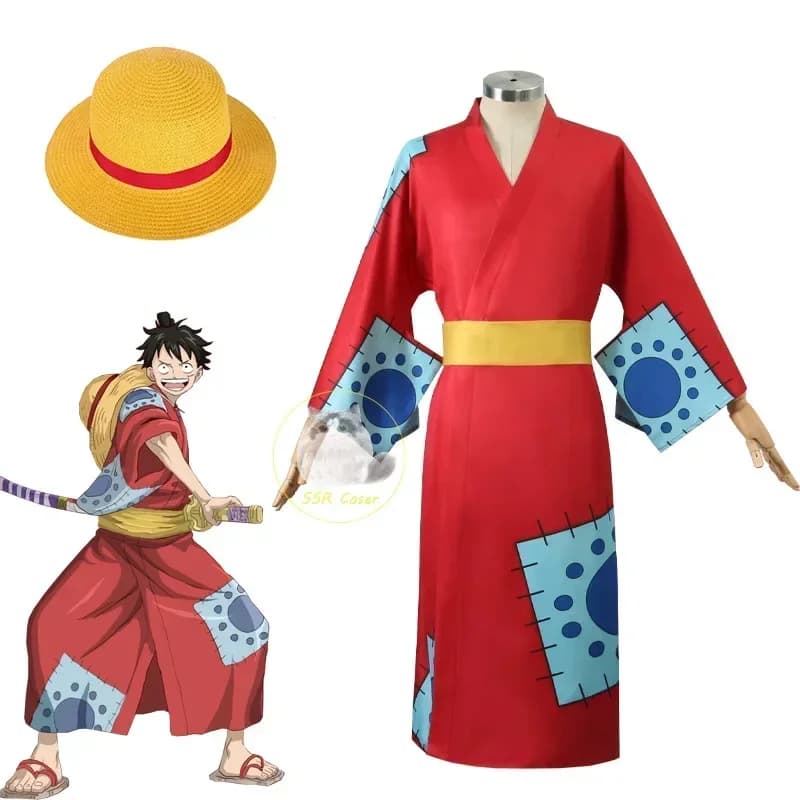 Costume Cosplay Anime Luffy, Kimono Cosplay of Wano Country for Adult Men, Hat and Red Cardigan, for Halloween
