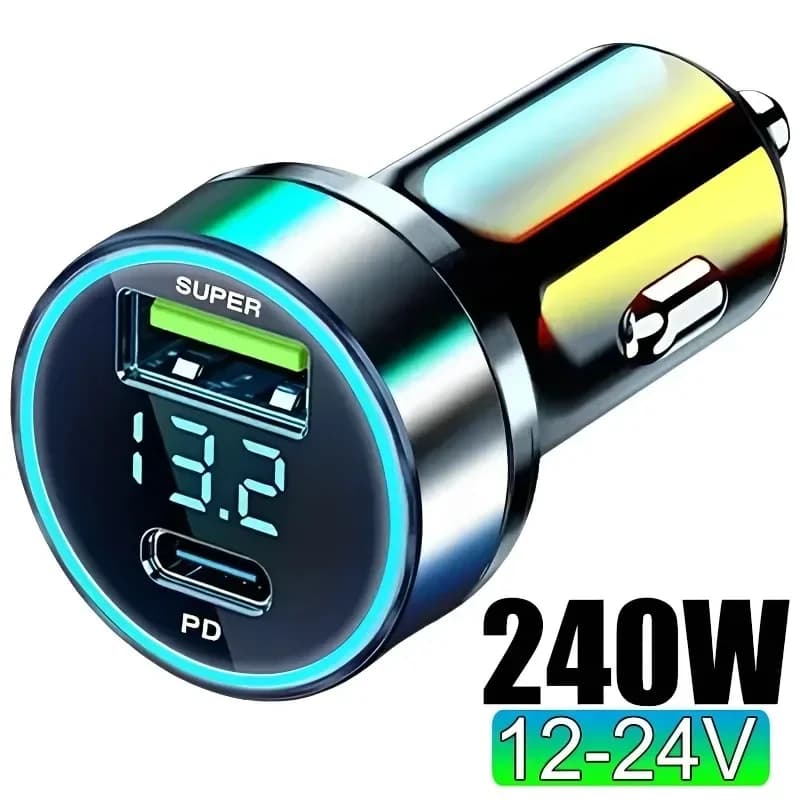Caricabatteria da auto da 240 W 2 porte USB Ricarica rapida per IPhone Samsung Xiaomi Adattatore di ricarica rapida con caricabatterie per auto con display digitale
