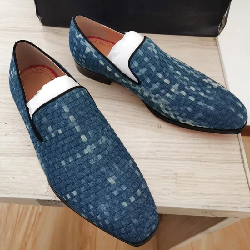 Blue Canvas Shoes Men Fashion Woven Pattern Denim Loafer Shoes Luxury Slip On Casual Shoes Men's Flats Slippers