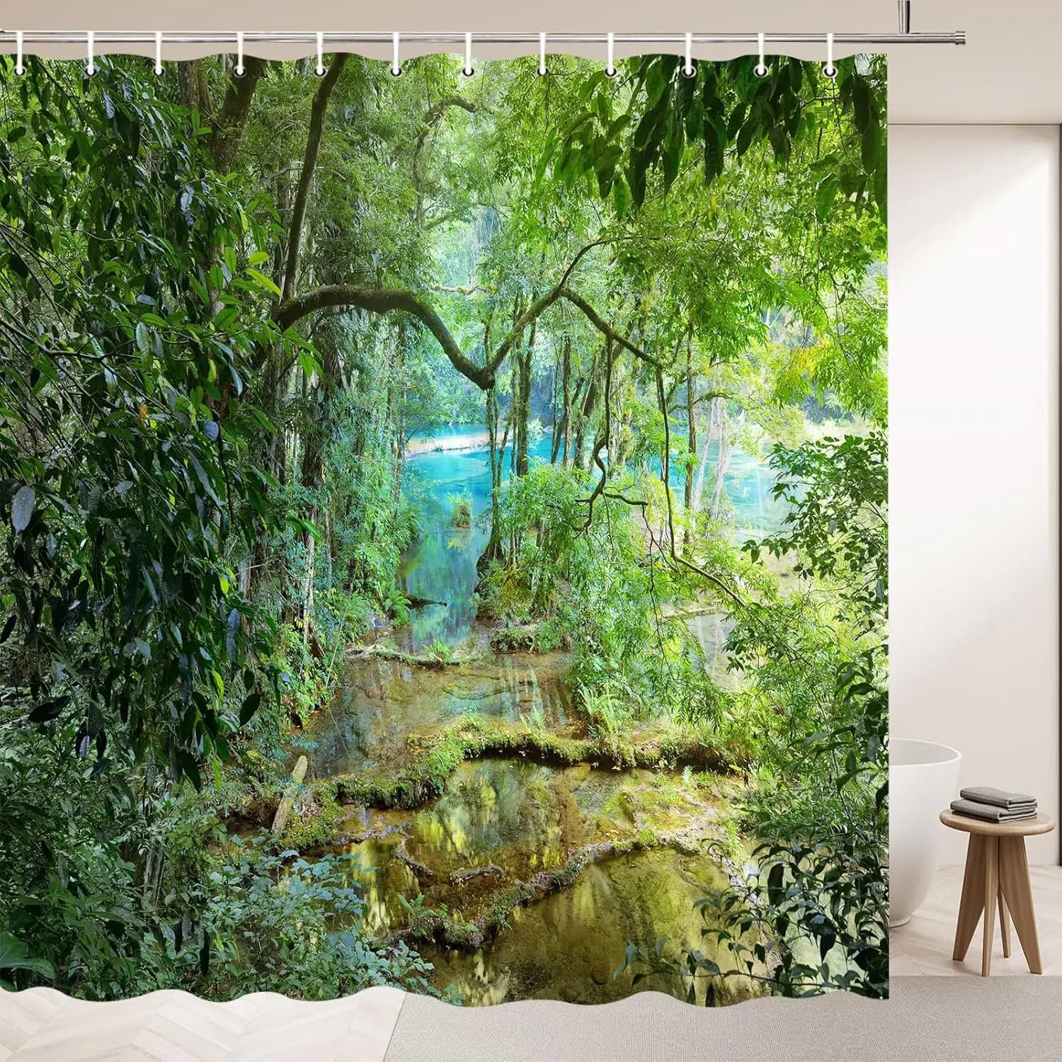 Primavera all'aperto Natura Paesaggio Tende da doccia Foglie verdi Pianta Foresta primitiva Albero Lago Paesaggio Modello Arredamento bagno