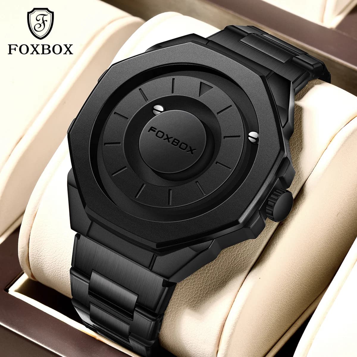FOXBOX Fashion Mens Watch Waterproof Sports Quartz Watches Rolling Magnetic Steel Ball Business Man Watch Stainless Steel Clock