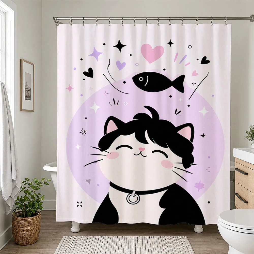 Cute Kawaii Cat Shower Curtain Bathroom Decor Fun Animal Print Waterproof Shower Curtain for Kids and Adults
