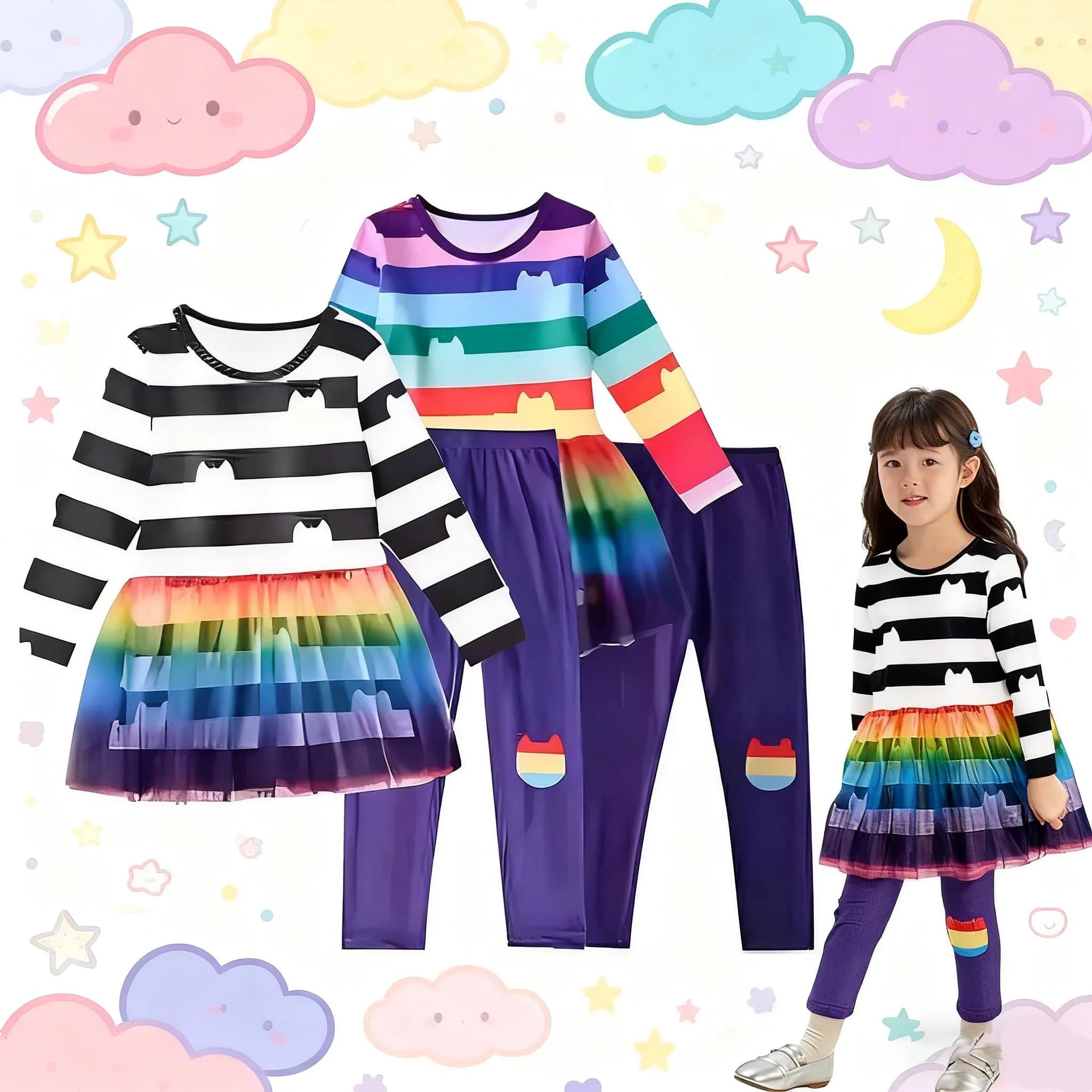 Set di vestiti per bambini primavera autunno Gabby gonna a rete arcobaleno a maniche lunghe + pantaloni Set casa delle bambole Tutu per ragazza gatto Set di due pezzi