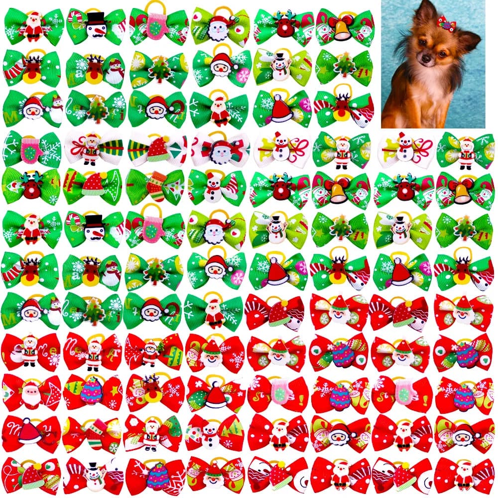 10/20 Pcs Christmas Pet Dog Bow Decoration Cat And Dog Hair Red And Green Bow Rubber Band Pet Grooming Head Flower Accessories