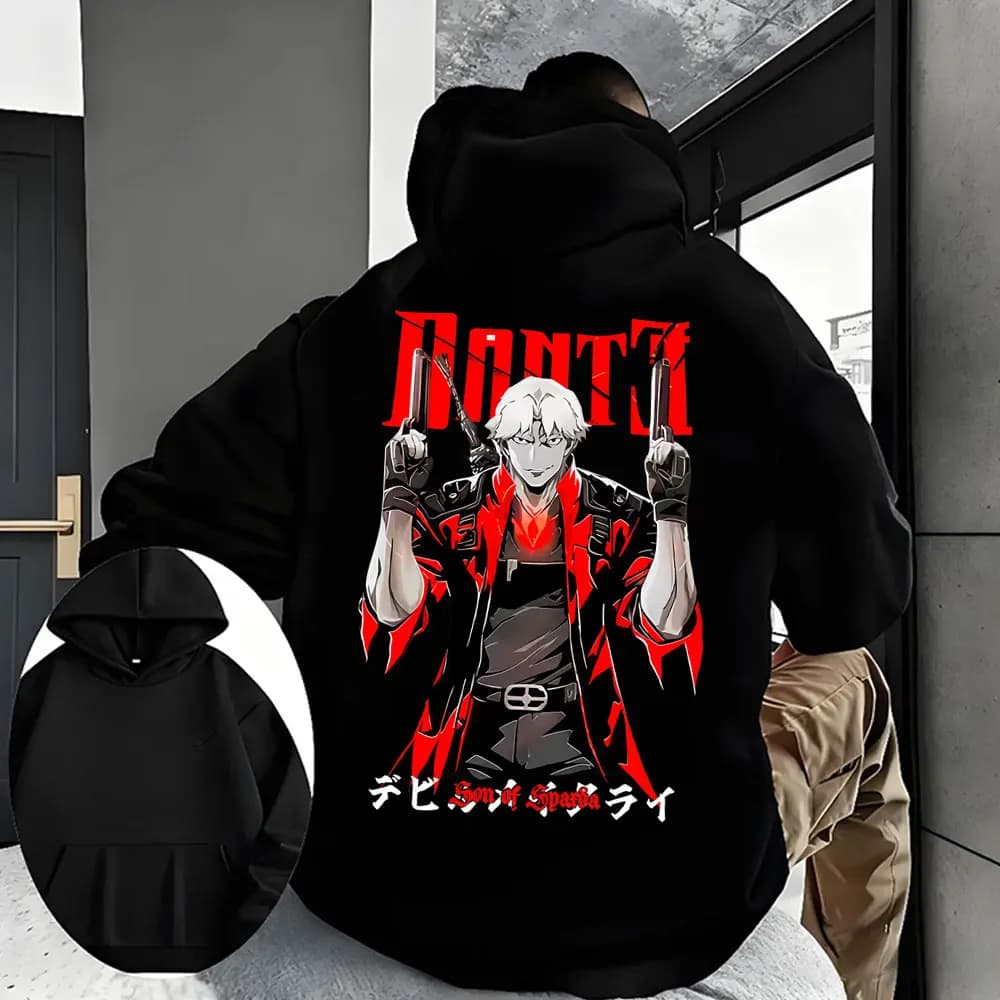 Felpa con Cappuccio Vintage Devil May Cry Dante, Stile Gotico Oversize, Streetwear Unisex, Moda Casual in Cotone Felpato
