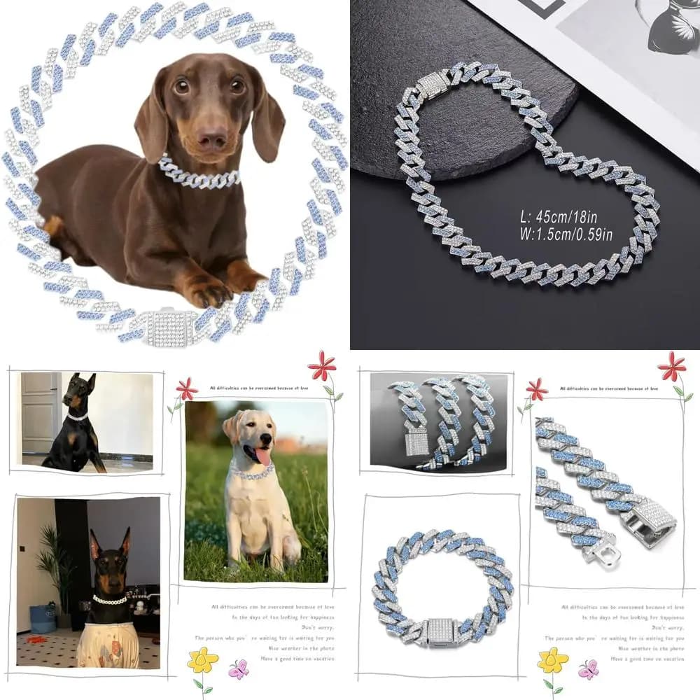 Collare a catena per cani blu con strass glitterati Collane per gatti in metallo Collare per cuccioli a maglia cubana con diamanti, gioielli per animali domestici per XXS XS piccoli