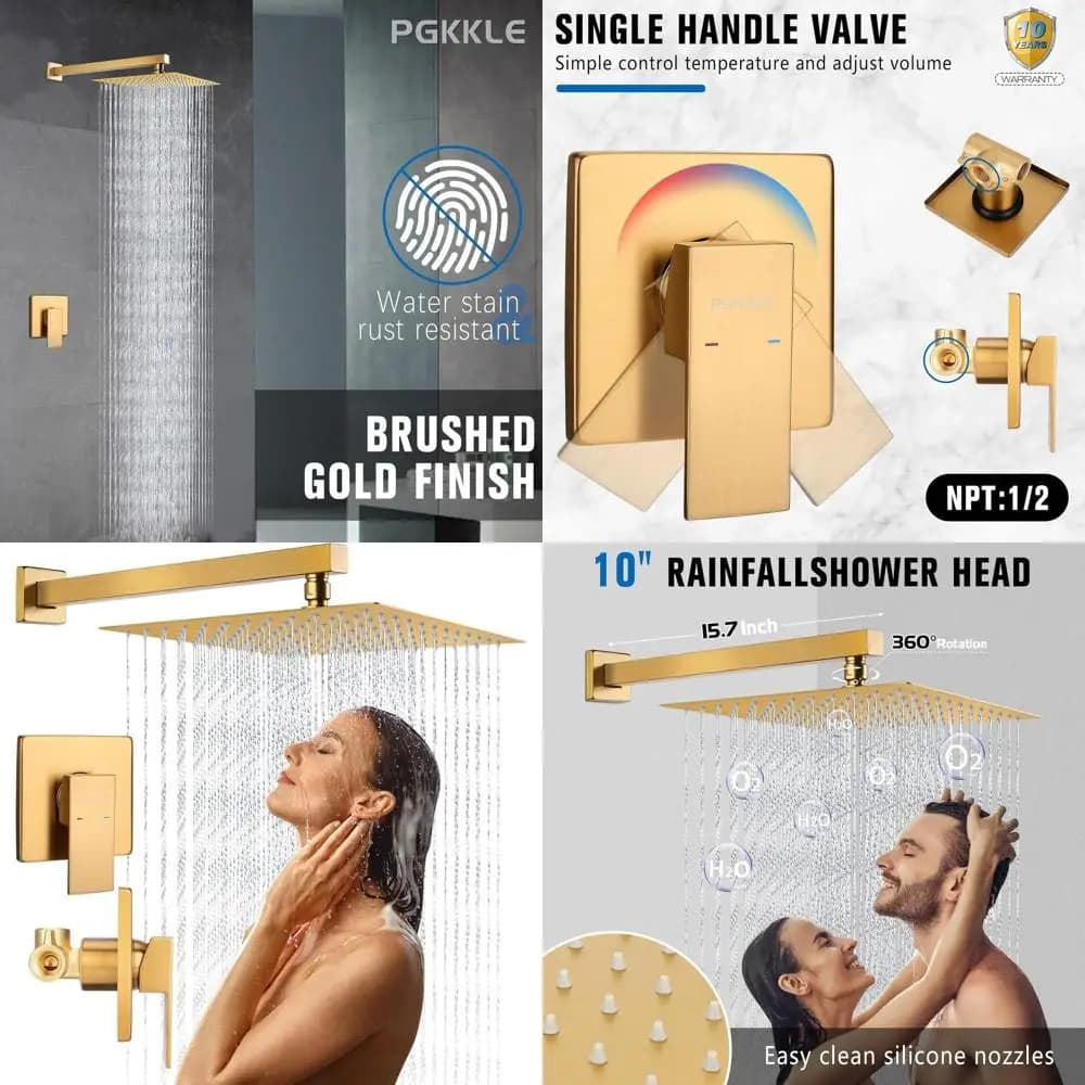 Kit di 10 finiture per doccia quadrate in acciaio inossidabile con soffione touch-cleanato e finitura oro spazzolato