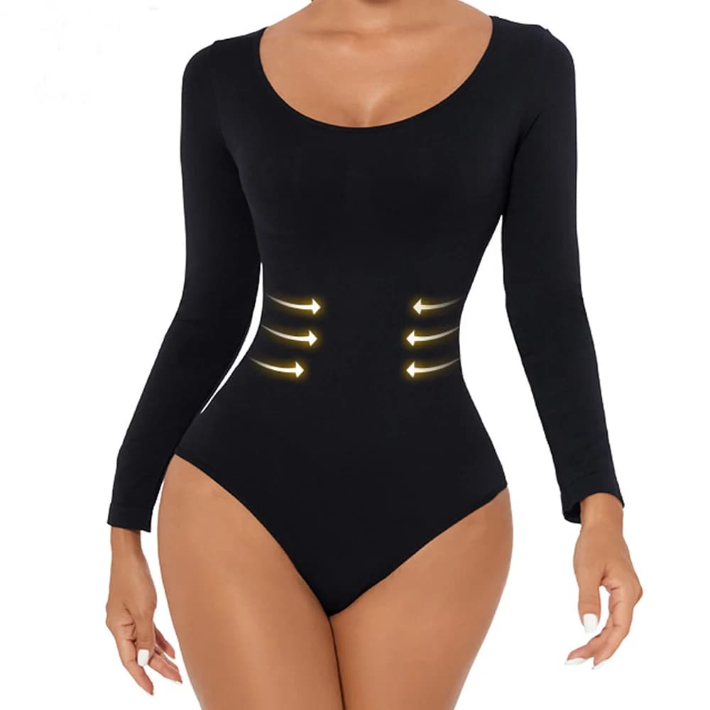Women One-piece Shapewear Bodysuit with Tummy Control Long Sleeves Waist Trainer Bodysuit Hooks Crotch Body Shaper Jumpsuit