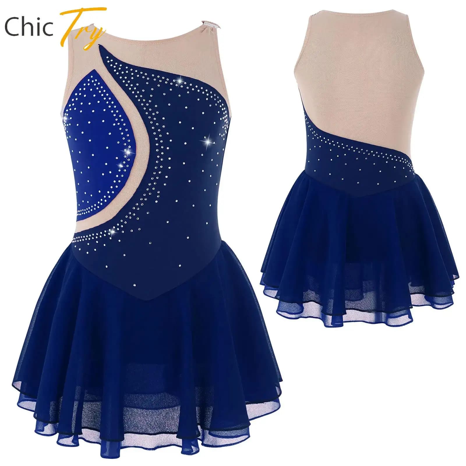 Abito da pattinaggio di figura per bambini Costumi da spettacolo per ragazze Strass Maglia Splice Balletto Abiti da ballo lirico Body da ginnastica